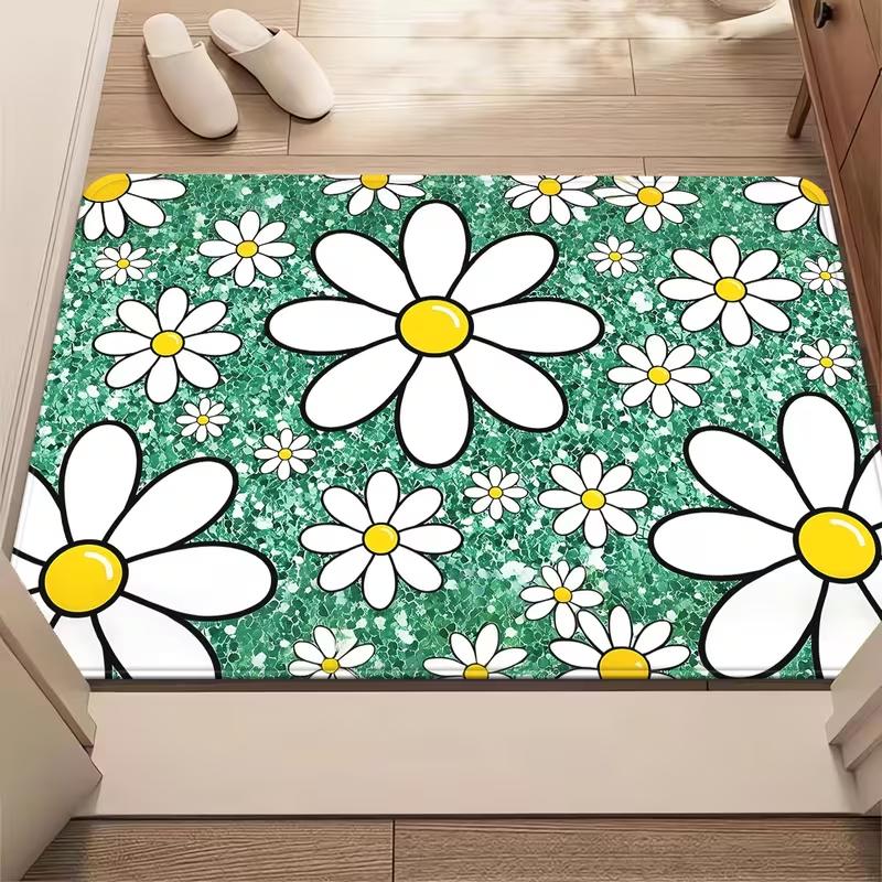 Spring Daisy Door Mat Illustrated Style Flower Pattern Entrance Rug Soft Non-Slip Welcome Carpet for Modern Indoor Outdoor Decor