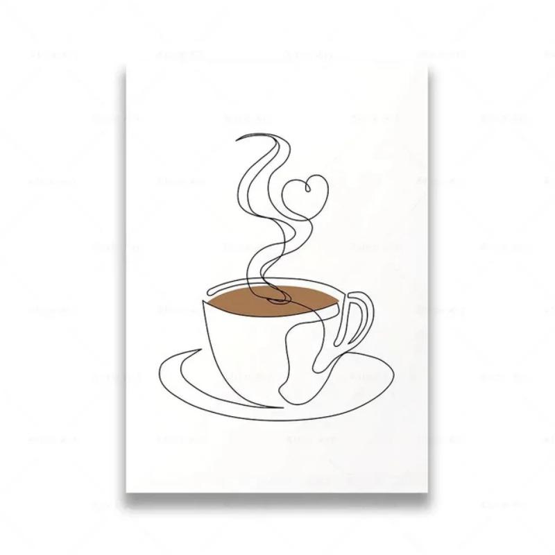 Nordic Coffee Shop Canvas Painting  Minimalist Line Art of Coffee Mugs  Flowers  Kitchen Wall Decor Posters  Prints  Modern Home