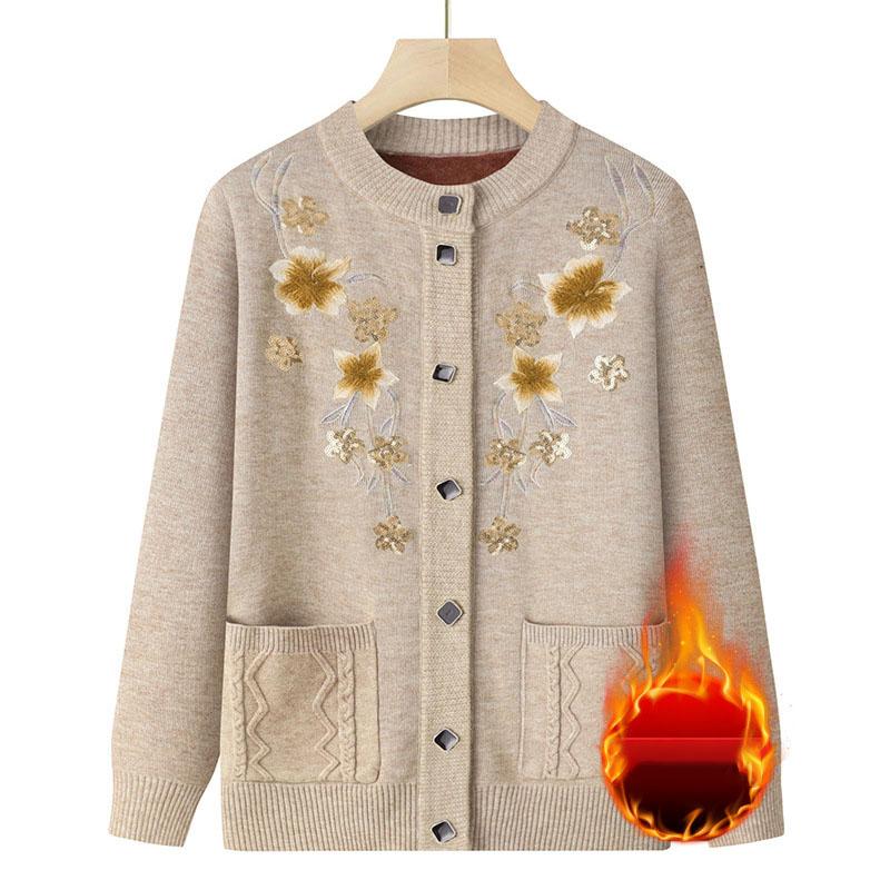 

Напечатанная теплая куртка осень-зима для мамы среднего возраста, кардиган, свитер бабушки, утолщенное бархатное вязаное пальто для женщин M дубильная кора