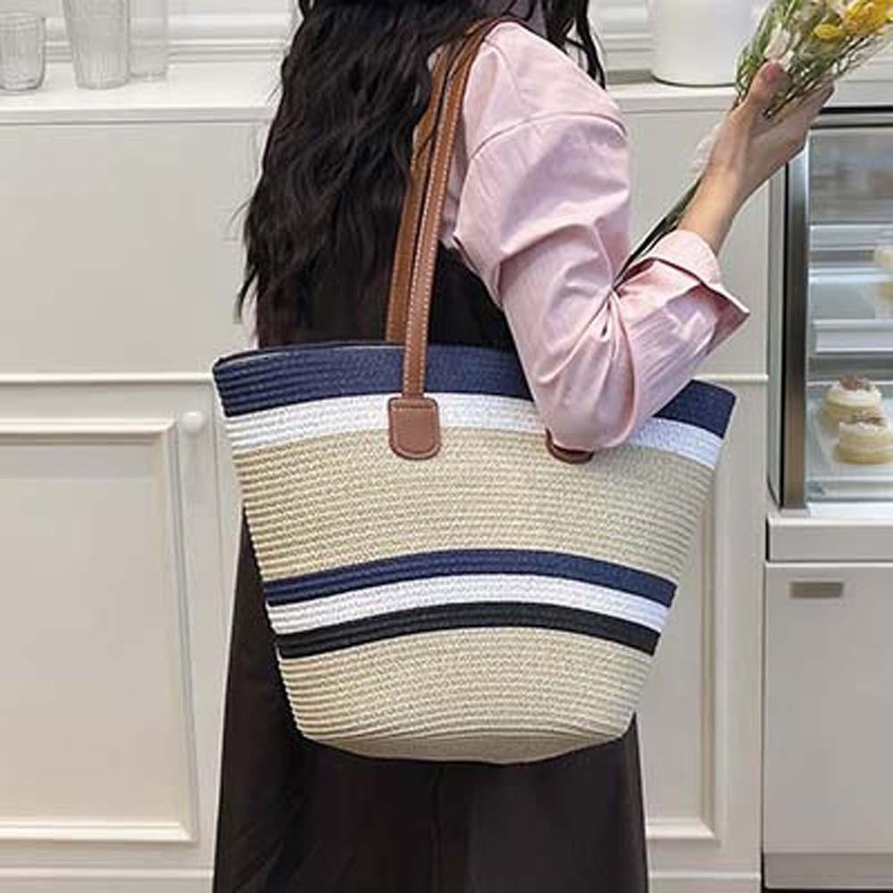 Large Capacity Stripe Woven Tote Bag Polyester Summer Beach Handbag Shopping Straw Bag  School