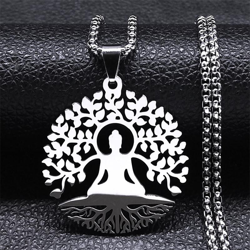 

Buddhism Meditation Buddha Yoga Pendant Necklace Stainless Steel Tree of Life Necklace Buddhist Jewelry collares para mujer