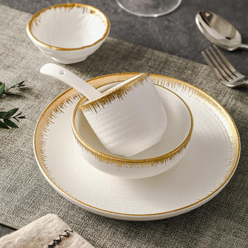 Golden Border Ceramic Tableware Western Food Plate Steak Plate  Restaurant Banquet Dessert Plate Spoon Tea Cup Bone Dish Bowls