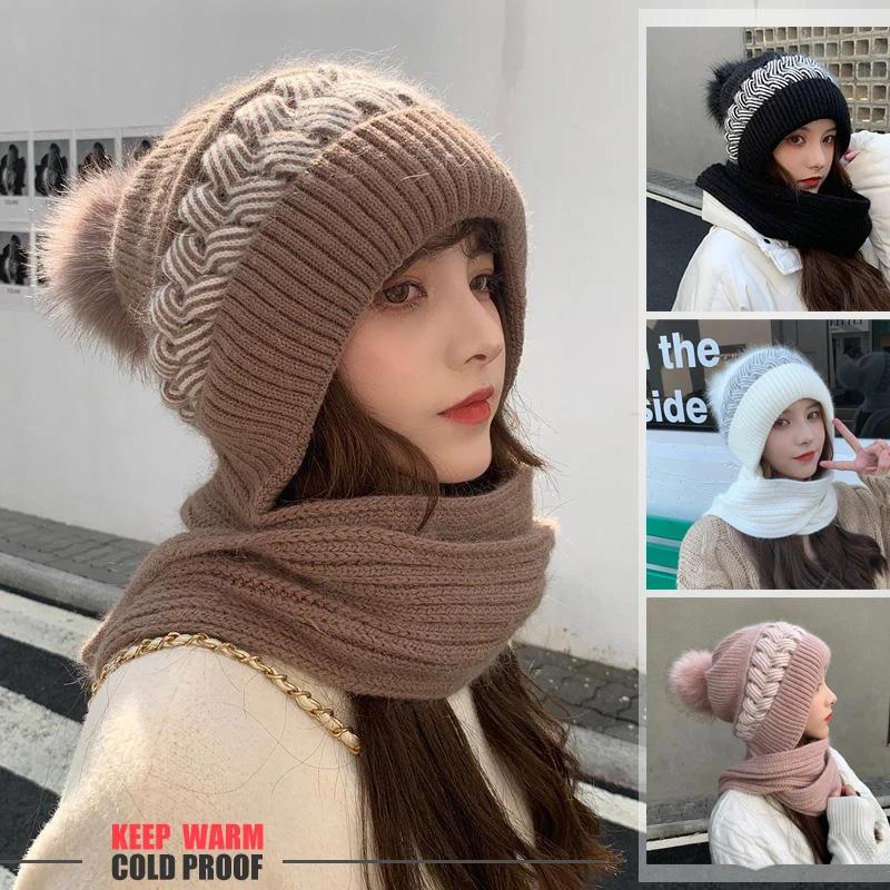 1PC Hat Windproof Earmuffs Knitted Hat Integrated Scarf Cozy Ear-Protecting Warm Set Fashionable