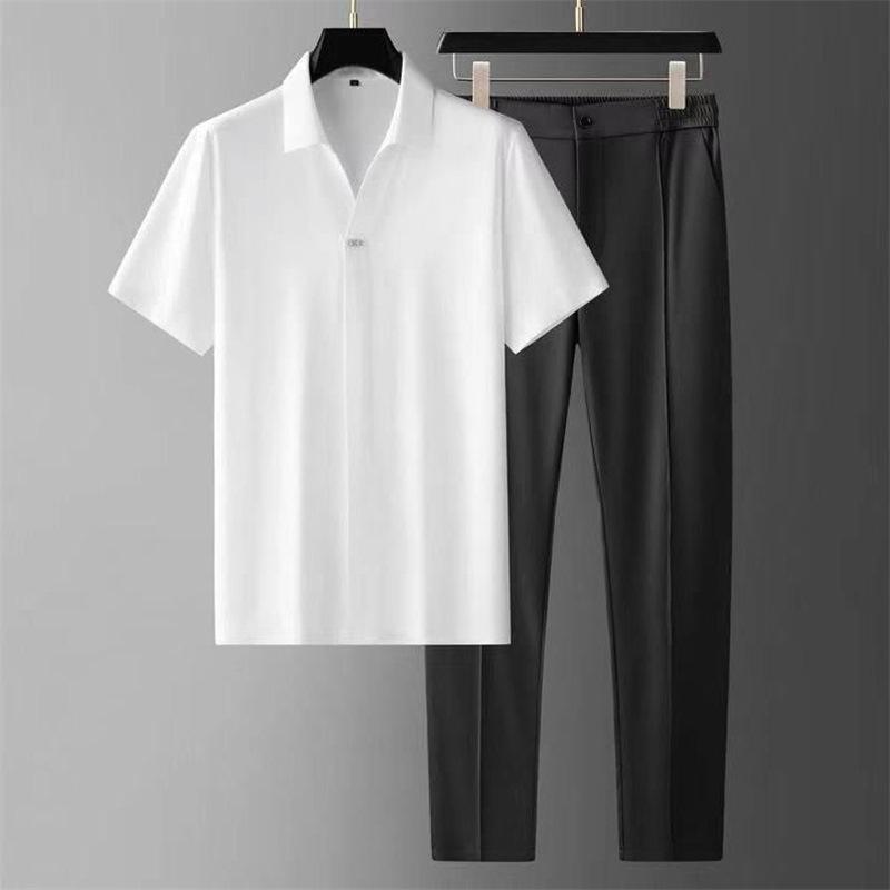 Summer Ultra-thin Silk Skating Silk High-end Seamless Laminated Short-sleeved Shirt Suit Men's Business Leisure Sports Two-piece Suit