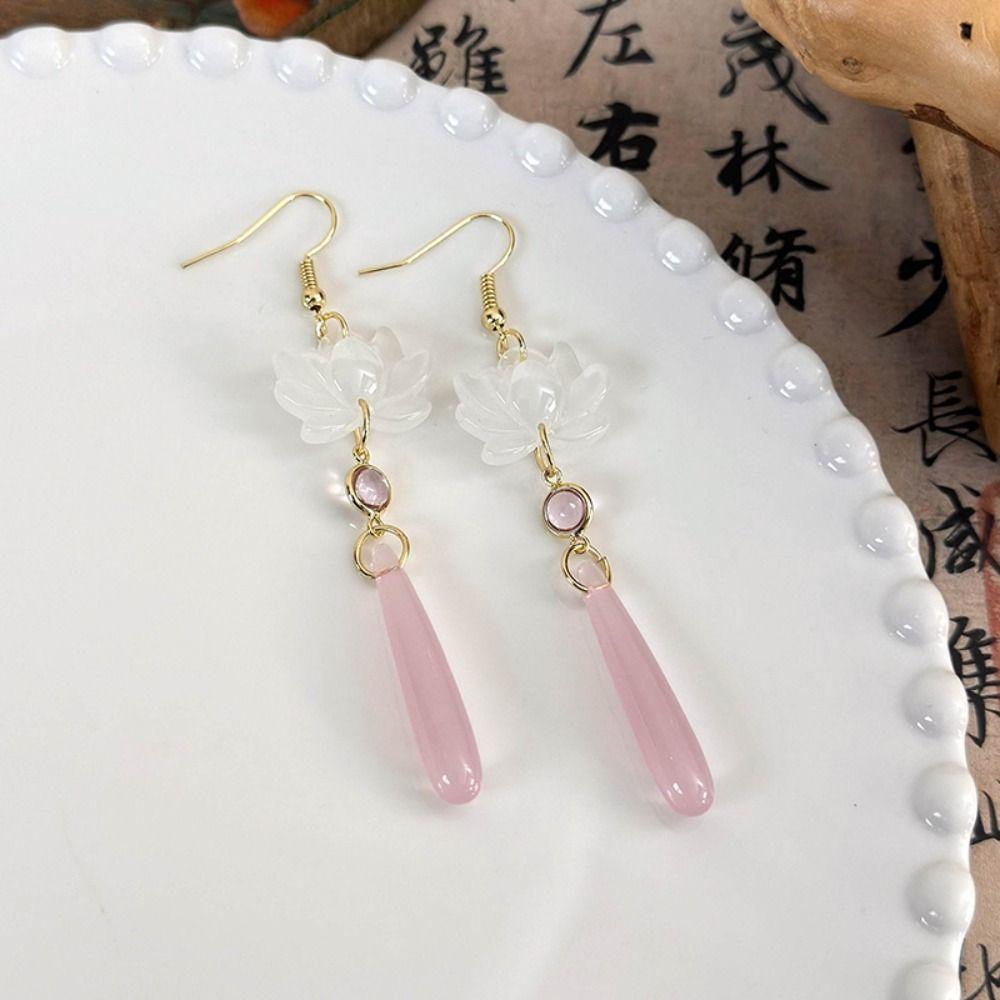 Simple Chinese Classic Earrings Elegant Lotus Water Drop Earrings Lotus Pendant Ear Hooks  Women