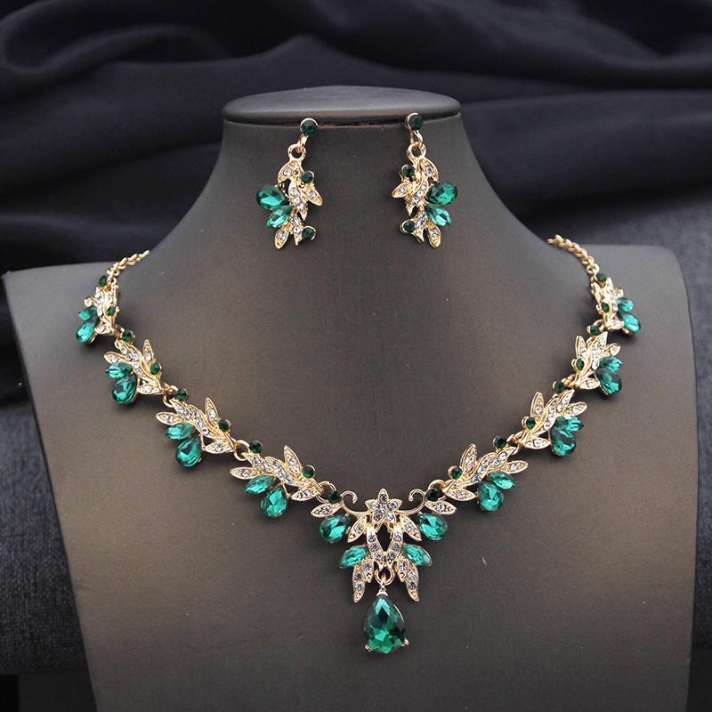Luxury Green Crown Bridal Jewelry Sets for Women Tiaras and Necklace Earrings Bride Jewelry Set Wedding Costume accessories