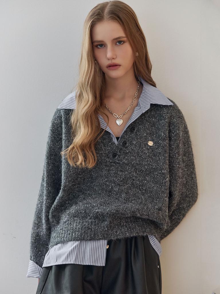 MAXZA Striped Shirt Layered V-Neck Knit