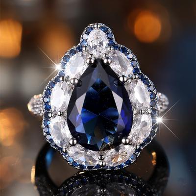 Luxury Big Water Drop Shape Blue Crystal Zircon Ring for Women Open Adjustable Ring Wedding Party Engagement Jewelry Gift