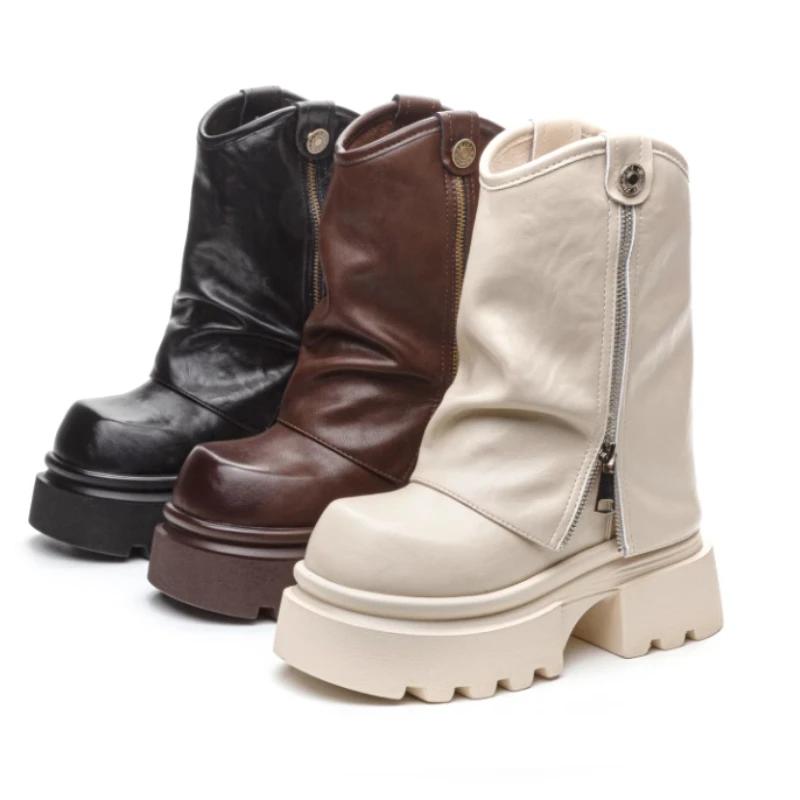 Módní kotníkové boty 13 cm Komínové boty Kožené boty z pravé hovězí kůže Nazouvací Dámské Podzimní Motorkářské Jarní Dámská Móda Mokasíny