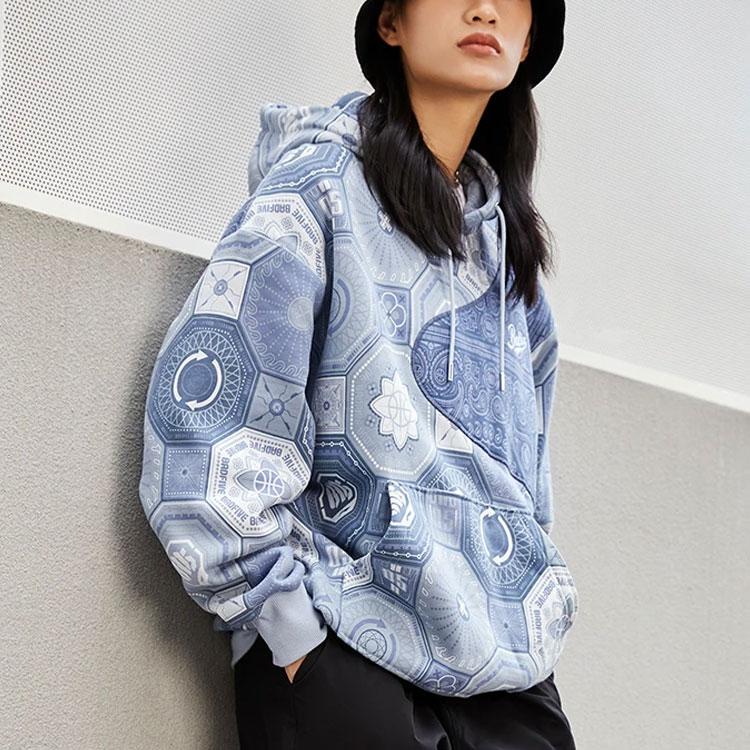 Li Ning Badfive Sports Basketball Series Cashew Flower Spliced Fleece Warm Loose Pullover Hoodie Unisex Hoodies Blue AWDR781-2