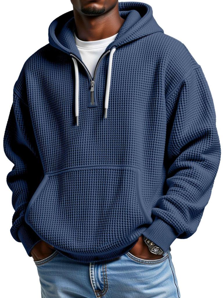 Men's Vintage Waffle Weave Half-Zip Hooded Sweatshirt for Autumn/Winter