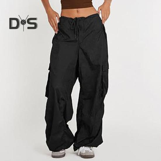 Dámské cargo kalhoty nastavitelné stahovací šňůrkou široké nohavice letní kalhoty s mnoha kapsami nízký pas jednobarevné dlouhé kalhoty
