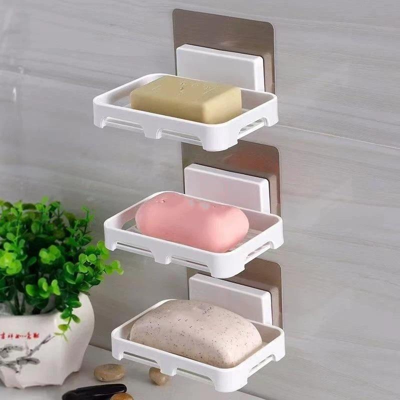 Self Adhesive Wall Mounted Soap Dish Holder With Drainage No Drilling For Bathroom Kitchen Sink