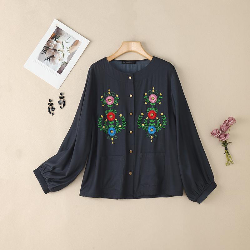 

ZANZEA Women Casual Floral Embroidery Loose Long Sleeve Blouse S темно-синього кольору