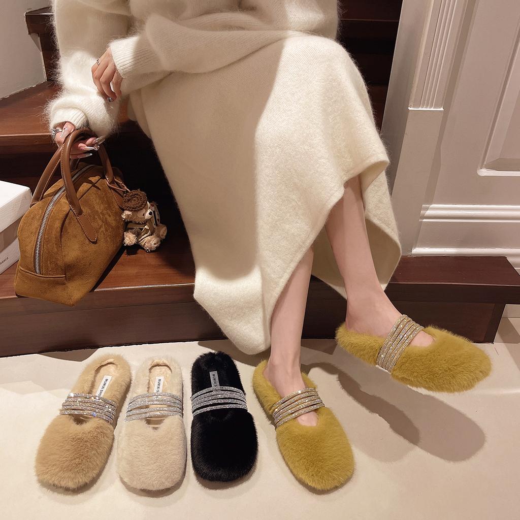 [Fanfuna] Rhinestone fluffy half-slippers women's autumn and winter outer wear advanced velvet 2025 new cotton slippers