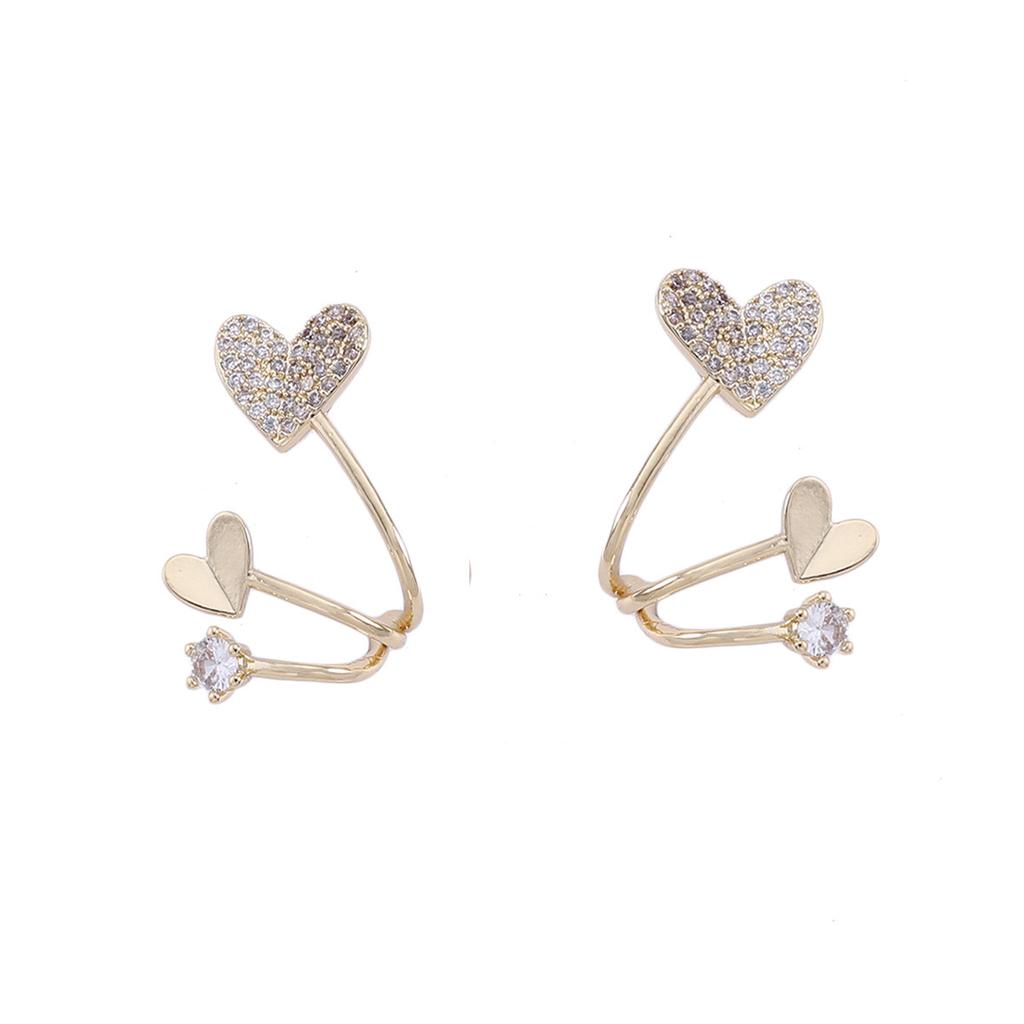 Korean version of the new niche design zirconium diamond double love three-line fishtail exquisite earrings, double peach heart simple model