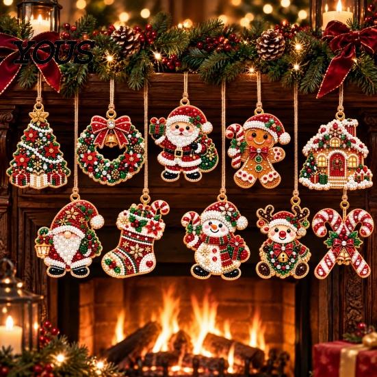 Novice Friendly Craft Supplies Christmas Faux Pearl Art DIY Kit, Make 10Pcs Hanging Ornaments, Festive Seasonal Handmade Ornaments Rhinestone Kit for