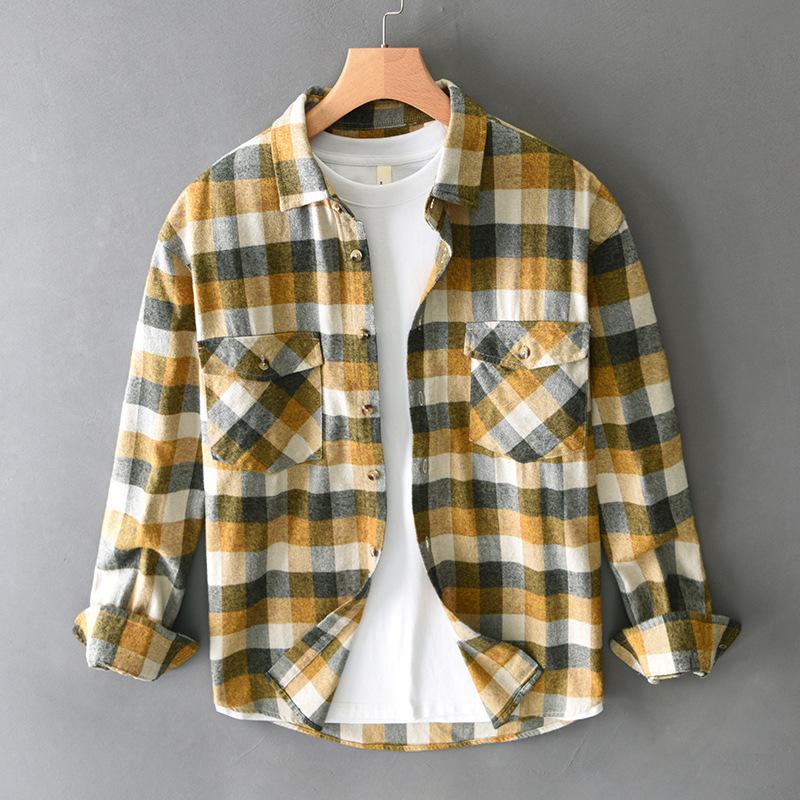 Autumn and Winter Shirts for Men American Retro Dropped Shoulder Plaid Shirt Men Long Sleeve Pure Cotton Casual Tops
