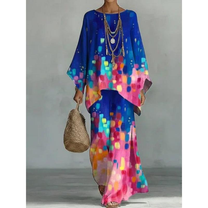 16 European and American artistic sense abstract graffiti set, round neck bat sleeve top + wide-leg pants loose two-piece set