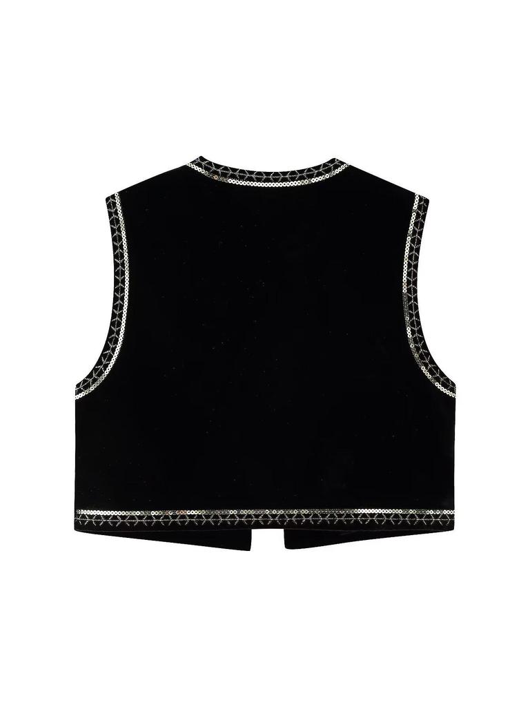 2024 Autumn Velvet Sequin Embroidered Sleeveless Open-front Women's Vest