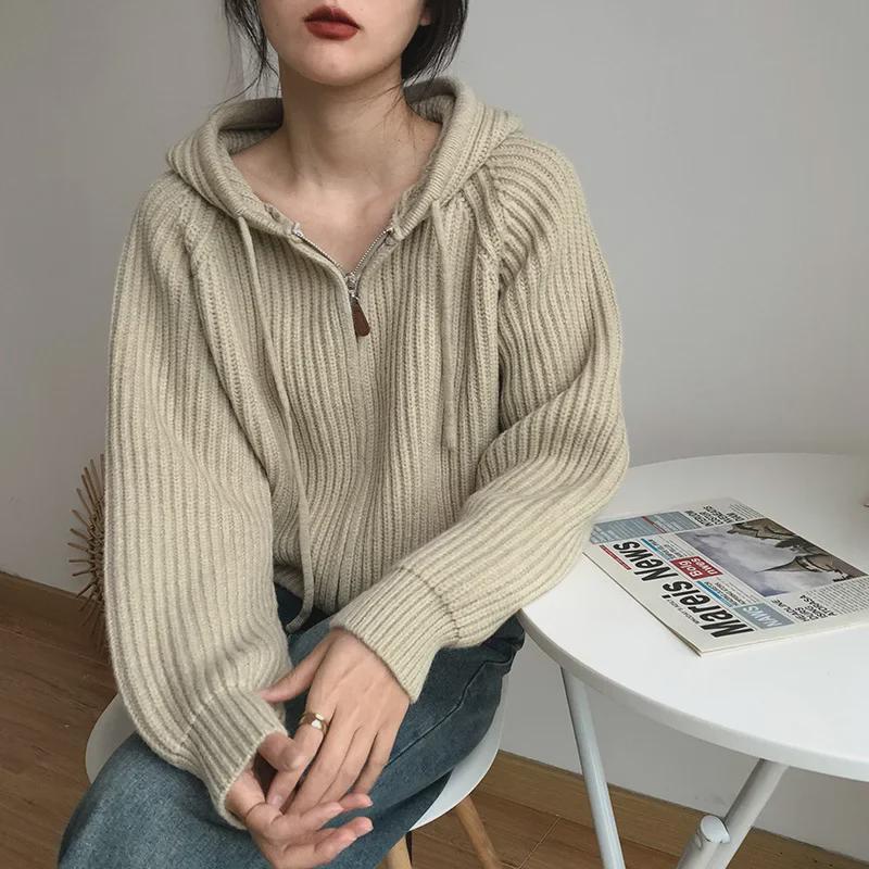 Korean College-Style Hooded Knitted Cardigan: Women's Loose Fit, Lazy Spring & Autumn Sweater Jacket
