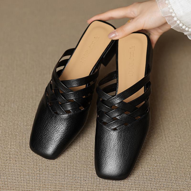 Fashion 2025 Summer New Genuine Leather Retro Semi-drag Mueller Slippers Woman Women's Low-heel Square Toe Casual Shoes Women Slippers