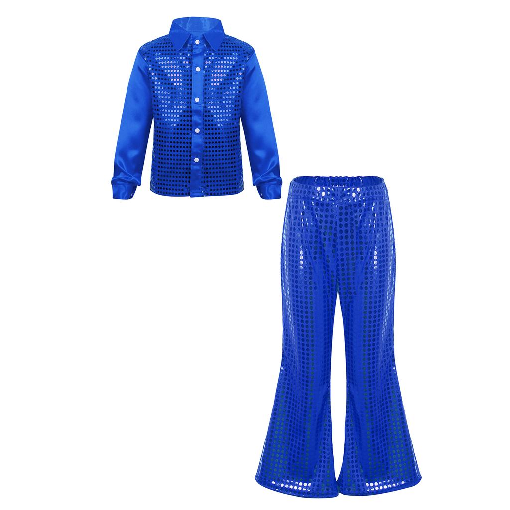 Boys Sequined Long Sleeve Spread Collar Shirt Elastic Waistband Flared Pants Jazz Outfit