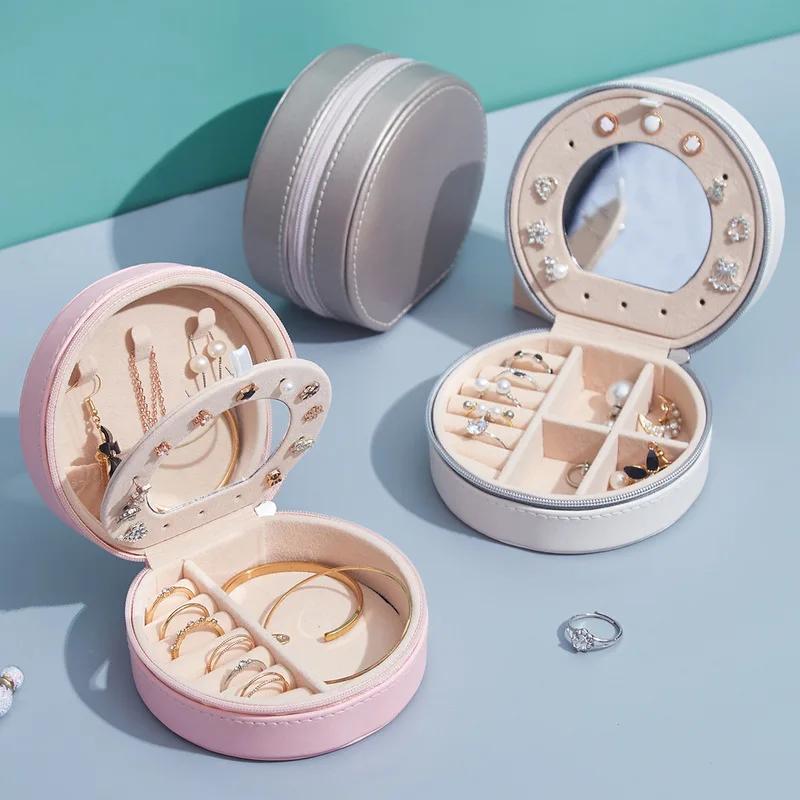 Simple Fashion Solid Color Small PU Leather Jewelry Box Circle Shaped Jewelry Box Earrings Jewelry Earrings Necklace Storage Box