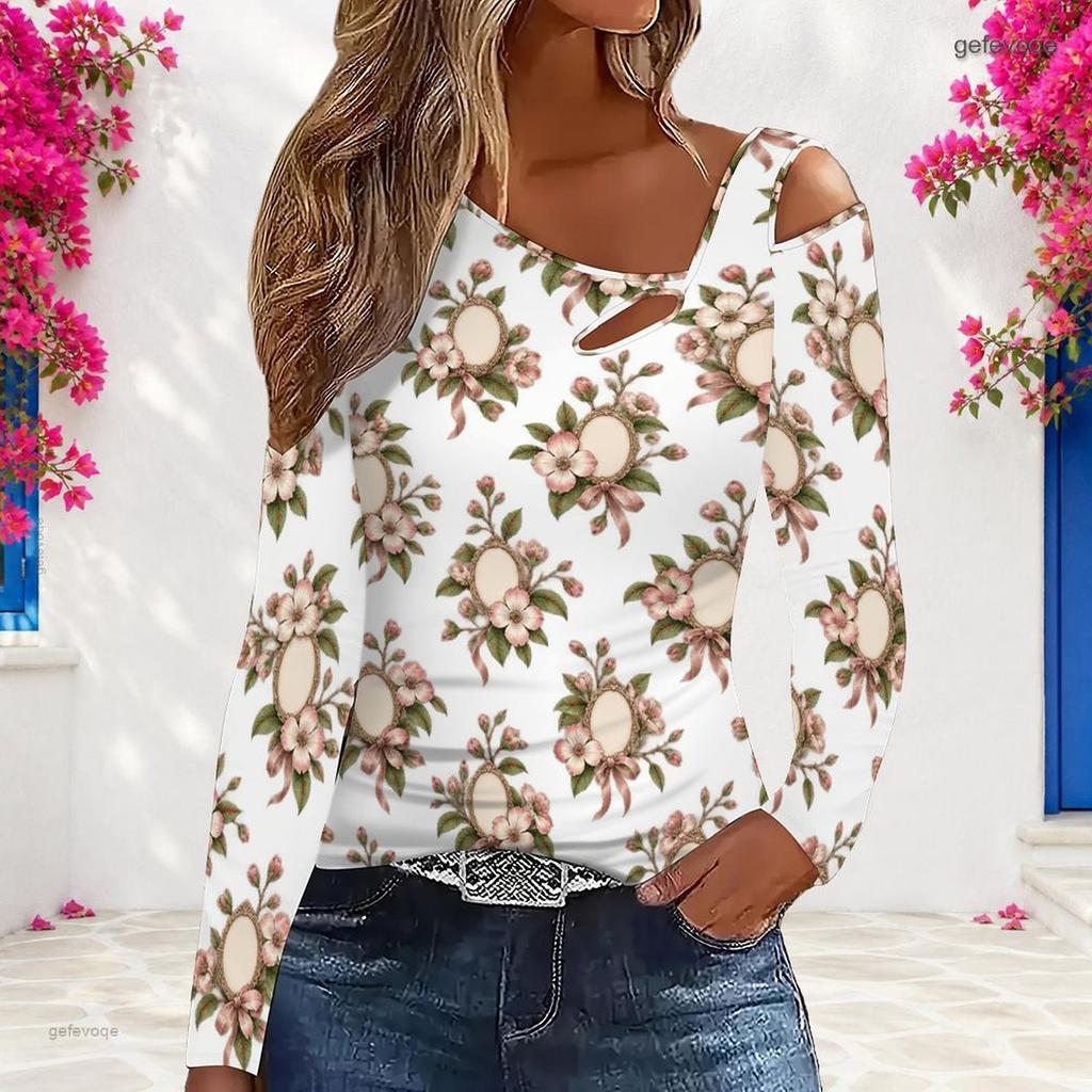 Women Plus Size White Asymmetric Cutout Neck Cold Shoulder Long Sleeve Floral Printed Top