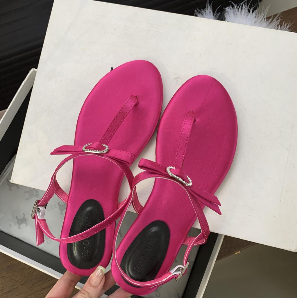 2025 New Fashion Roman Summer Satin Toe Thin Belt Beach Vacation Fairy Rhinestone Bow Women's Sandals