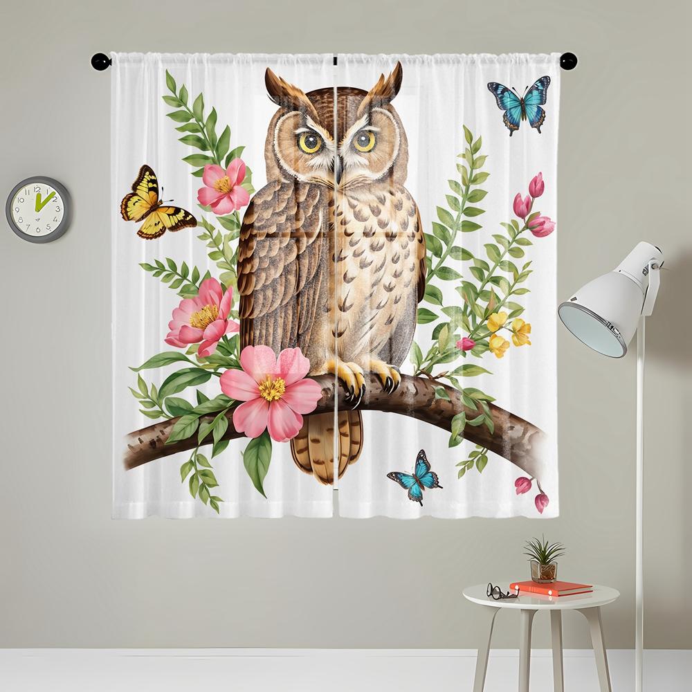 2 Pieces HD Digital Woodland Owl Printed Window Valance Home Decorating Style Decorating Living Room Bedroom Rodding Curtain Eff