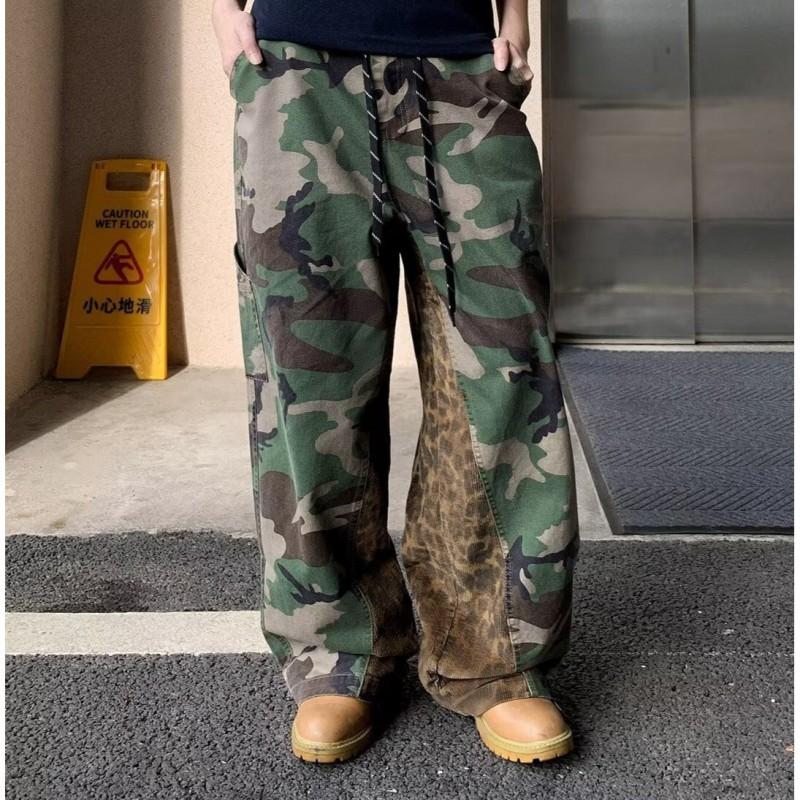 Mens Relaxed Fit Camo Cargo Pants Casual Wide Leg Jeans Water Washed Cotton Blend