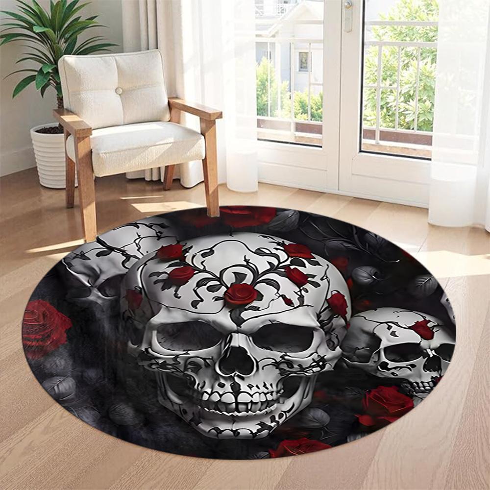 Skull Round Floor Mat Suitable for Outdoor Hallway Entryway Kitchen Antislip Round Carpet Anime Office Decor