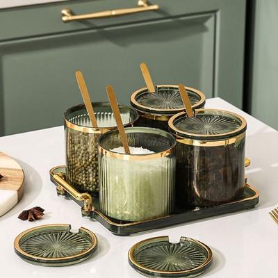 Plastic Condiment Jar European Style Transparent Spice Container with Spoon and Lid Stripe Food Storage Organizer Household