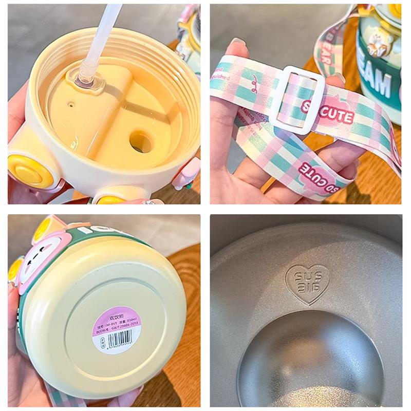 850ML Large Capacity Double Drinking Bottle Portable Children Vacuum Insulation Cup Stainless Steel Straw Thermos Big Belly Cup