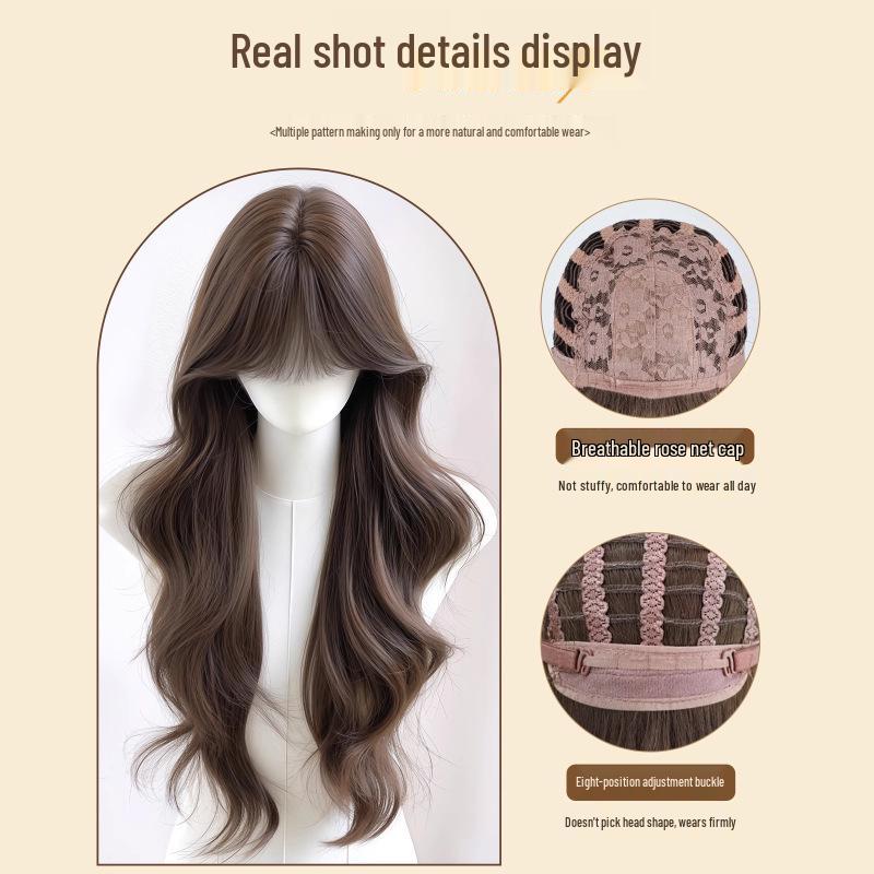 Women's Full Head Wig with Realistic Hair Fibers, Seamless Frontal, Large Scalp Coverage, Bangs, and Large Wave Long Curls