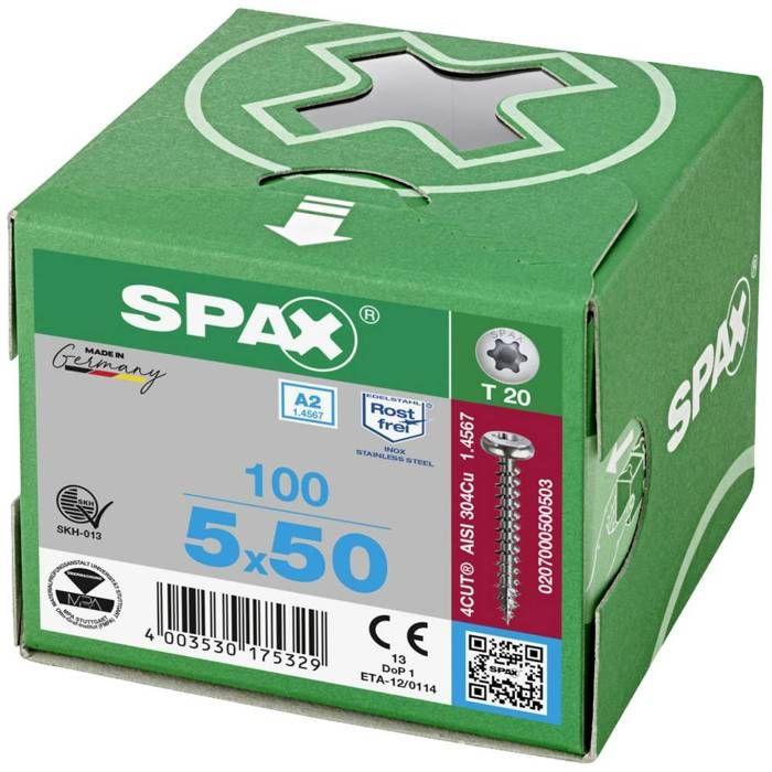 SPAX Șurub universal 1.4567-0207000350203, cu cap plat bombat, T-Star plus, 4CUT, din oțel inoxidabil A2, -
