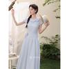 French Style Short Sleeve Blue Maxi Dress