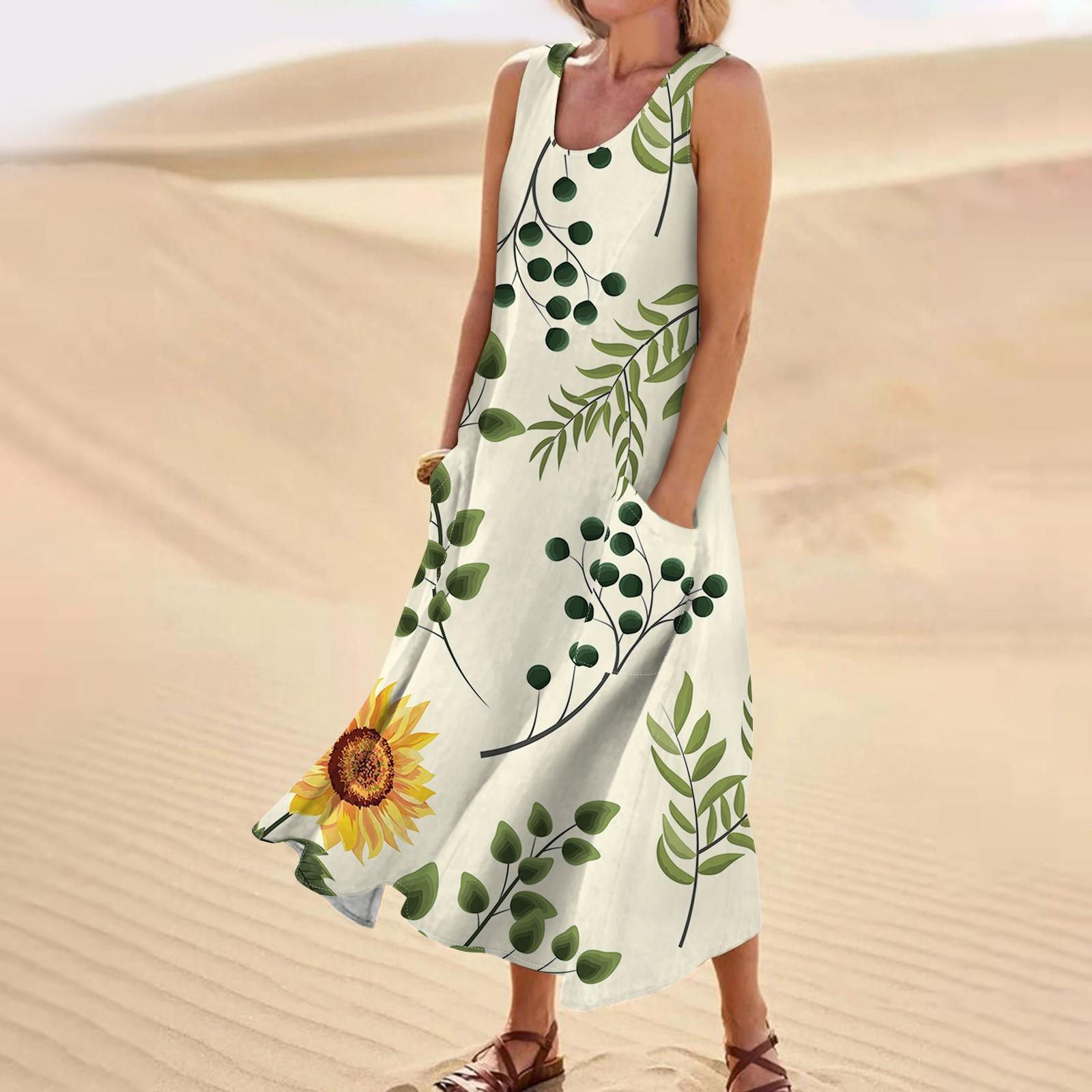 Women s Casual Fashion Flower Printed Sleeveless Pocket Dress XXXL