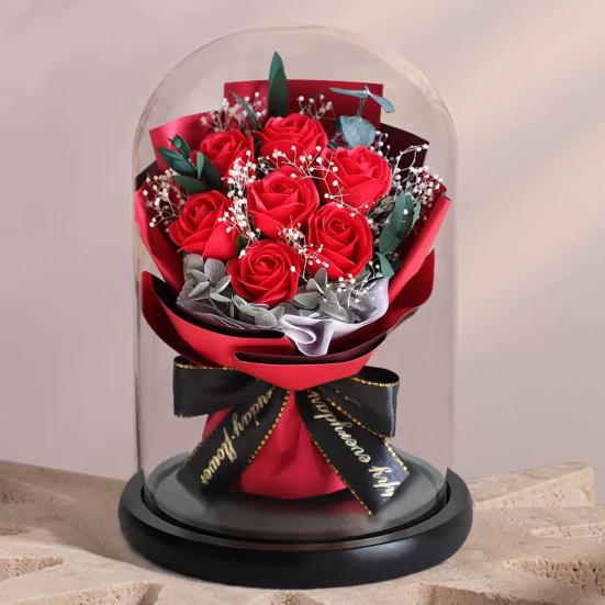 Artificial Rose Bouquet with LED Light Glass Dome Cover Eternal Flower Decoration Women Wife Girlfriend Anniversary Valentine's Day Mother's Day Gift