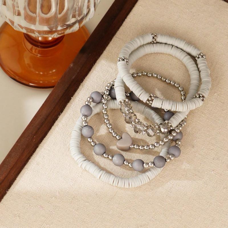 5pcs/Set Elegant Gray Soft Ceramic Heart Bead Multi-Layer Bracelet Set, Artificial Crystal Elastic Bracelet, Suitable for Ladies Daily Wear, Dating