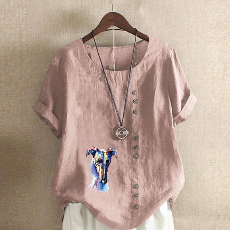 Women's Fashion Colorful Dog Prined Round Neck Short Sleeve T-shirt Casual Cotton Linen Graphic Shirt Leisure Loose Summer Blouse Tops