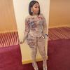 2025 Autumn Women's Sexy Mesh See-Through Print Top & High Waist Casual Pants Set