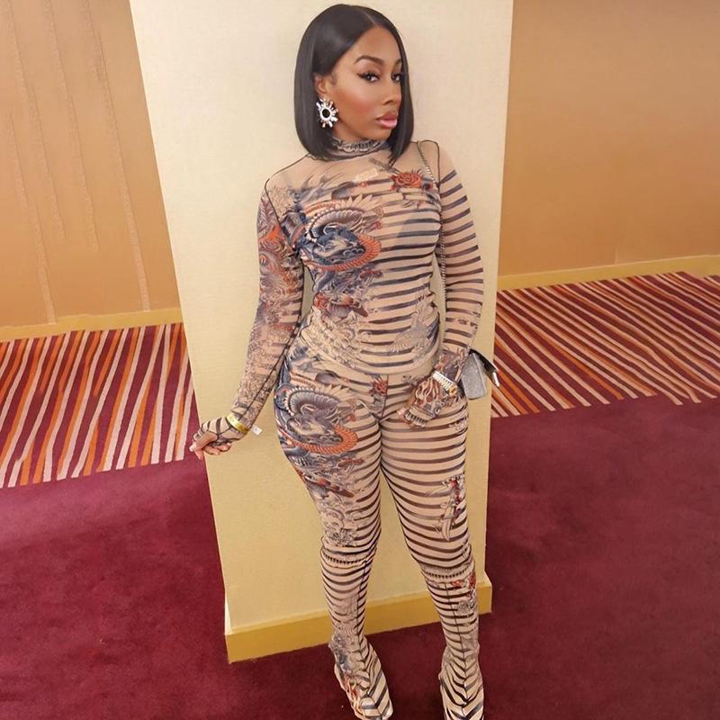 2025 Autumn Women's Sexy Mesh See-Through Print Top & High Waist Casual Pants Set