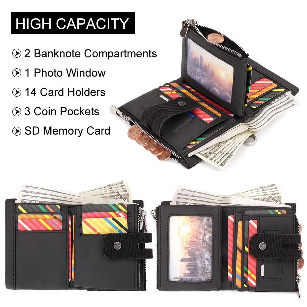 HUMERPAUL Men cowhide wallet Oxford cloth RFID anti-theft credit card bag coin purse with chain wallet with photo window