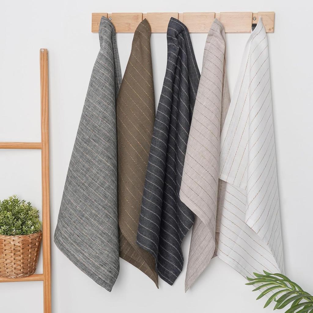 100% Pure Linen Kitchen Towels Set of 2 - French Stripe Design 18 x 24 Inch Dish Hand Towels - Handcrafted from Flax Linen Tea Towels- Linen