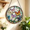 Stained Glass Sun Catcher Window Decors Window Display Glass Hanging Panel with Black Metal Frame, Stained Glass Accent with Chain for Home Accent Use