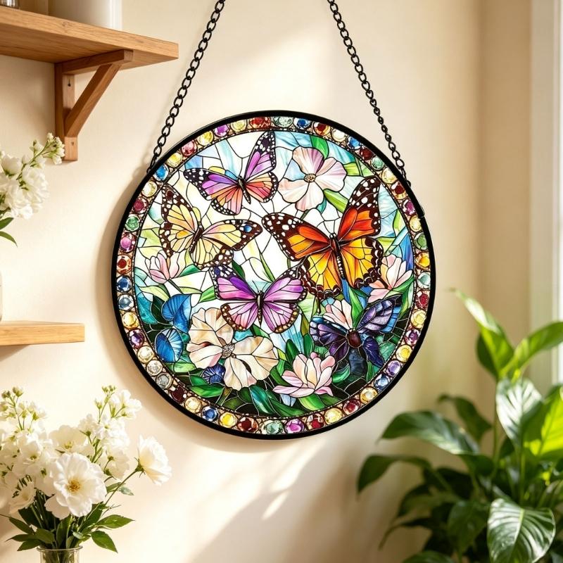 Stained Glass Sun Catcher Window Decors Window Display Glass Hanging Panel with Black Metal Frame, Stained Glass Accent with Chain for Home Accent Use