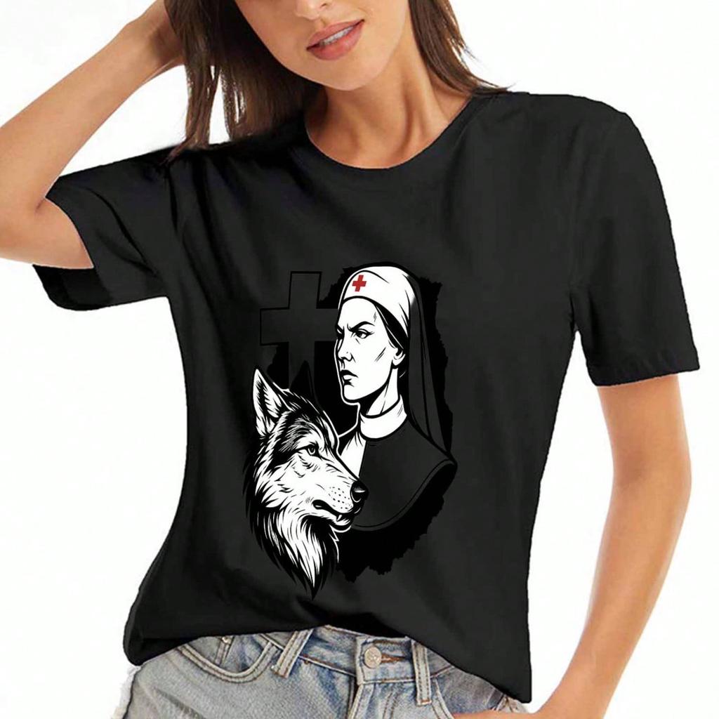 Nun And Wolf Cotton T Shirt, Premium Cotton Quality Print, Durable, Casual Fashion. Featuring A Striking Nun And Wolf Graphic, Perfect For Expressive