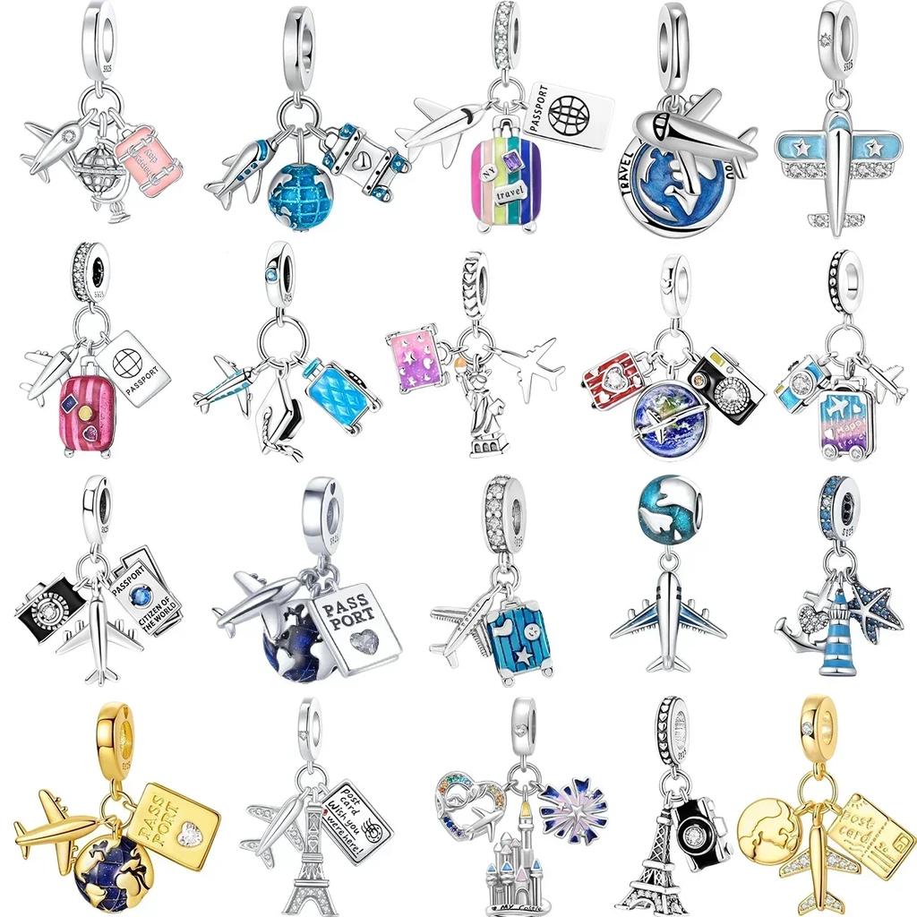 New Original Copper Travel Charms Airplane Luggage Earth Beads Pendants Fit Bracelet Necklace Diy Jewelry Gift